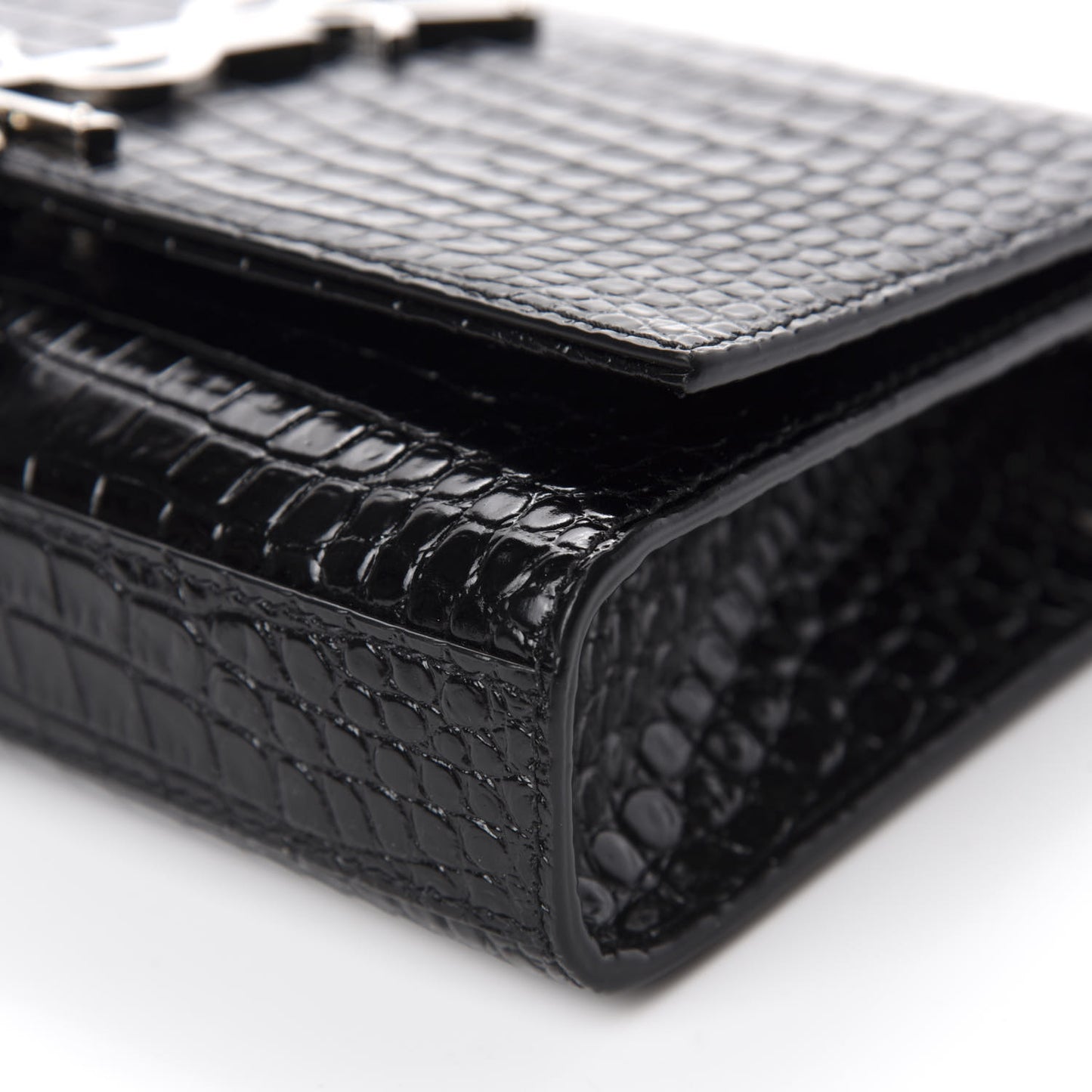 Calfskin Crocodile Embossed Small Classic Monogram Kate Tassel Satchel Black