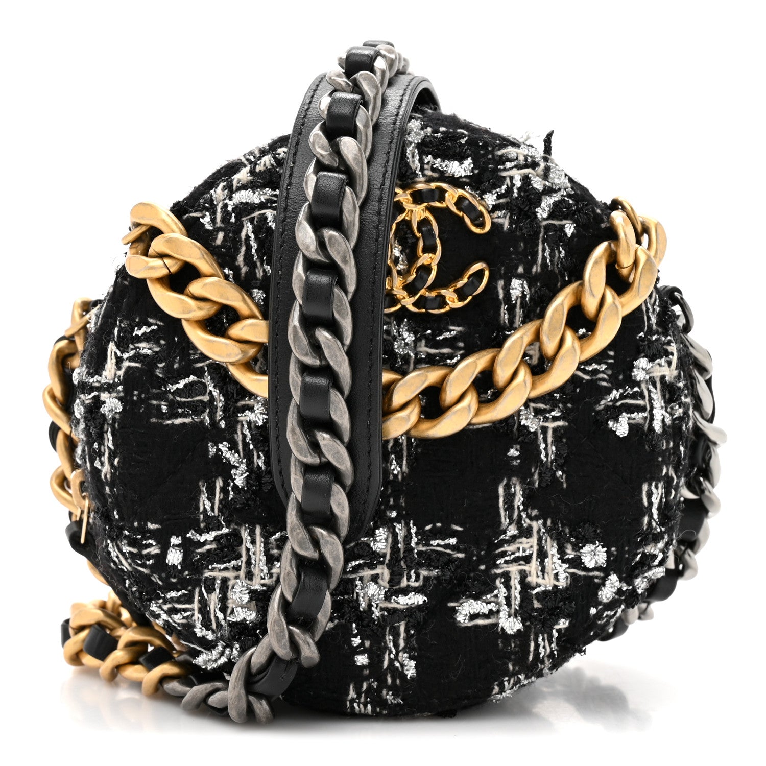Chanel Tweed Quilted 19 Round Clutch With Chain Black White 1 of 10