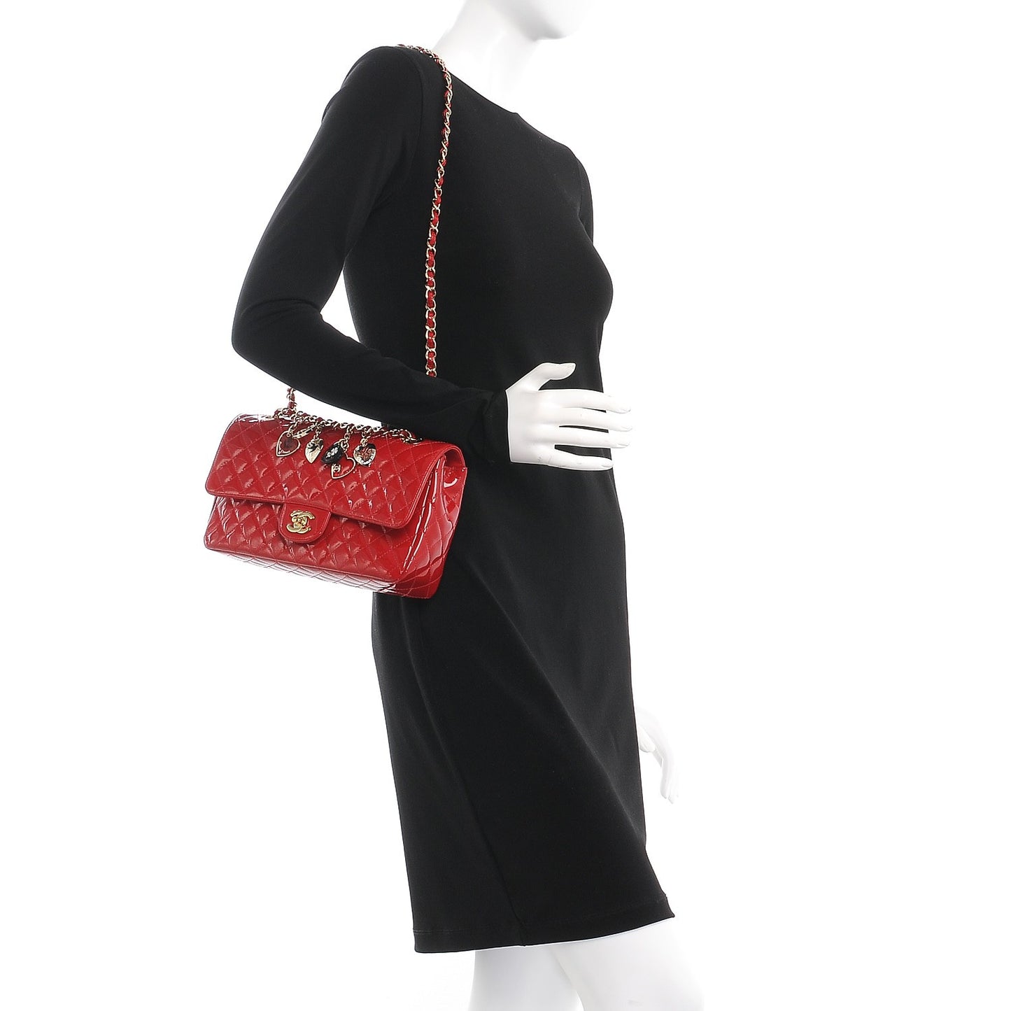 Patent Calfskin Quilted Valentine Charms Medium Single Flap Red