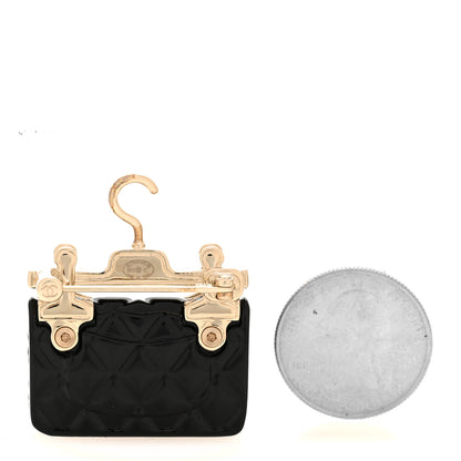 Chanel Metal Enamel Quilted Flap Hanger Brooch Gold Black 2 of 4