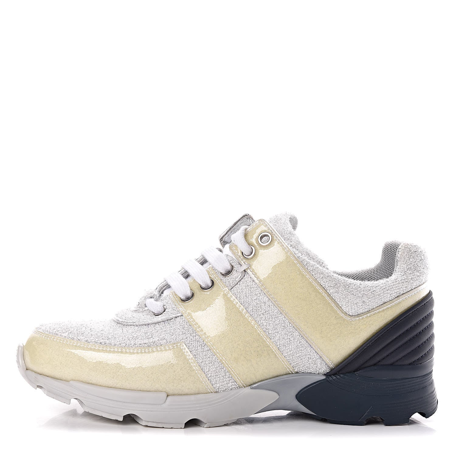 Chanel Iridescent Terry Cloth PVC Calfskin Sneakers 37.5 Silver 1 of 10