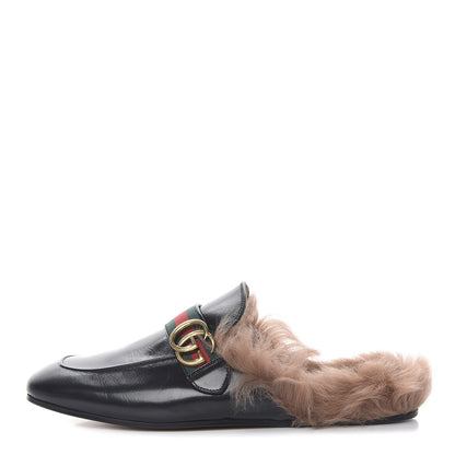 Gucci Goatskin Fur Web GG Mens Princetown Slippers 9 Cocoa 1 of 11