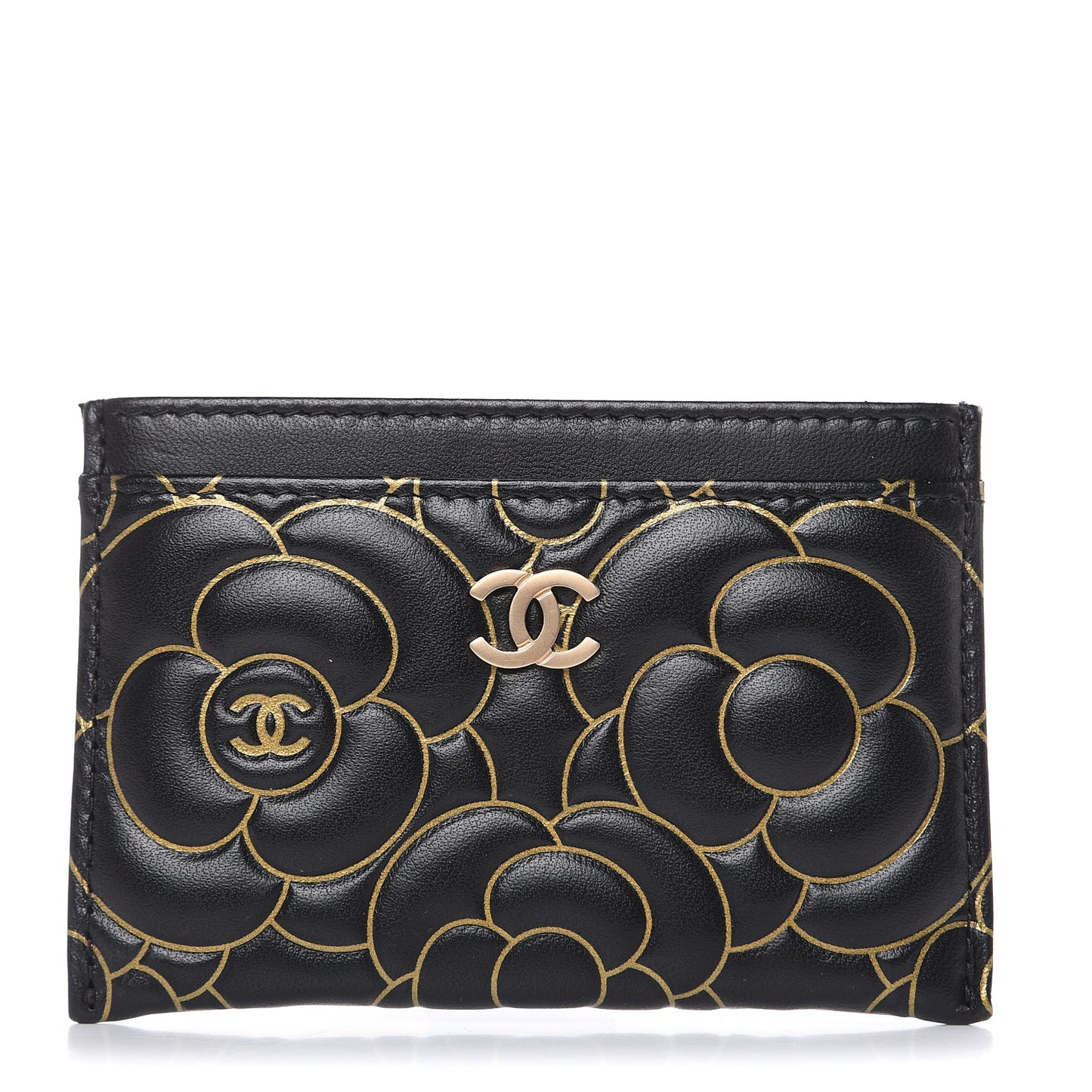 Lambskin Camellia Embossed Card Holder Black Gold