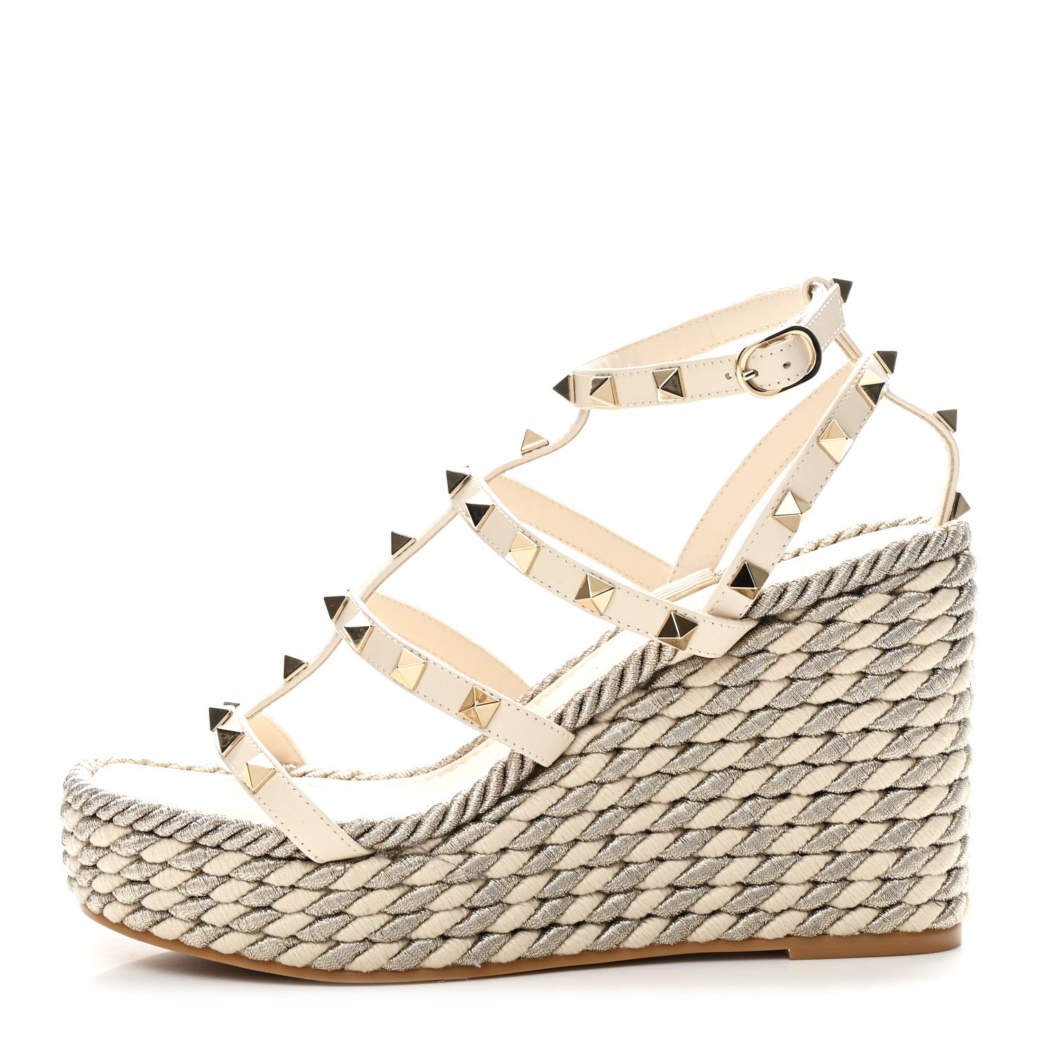 Valentino Garavani Calfskin Rockstud Ankle Strap Torchon Espadrille Caged 25/95mm Wedge Sandals 37 White 1 of 18
