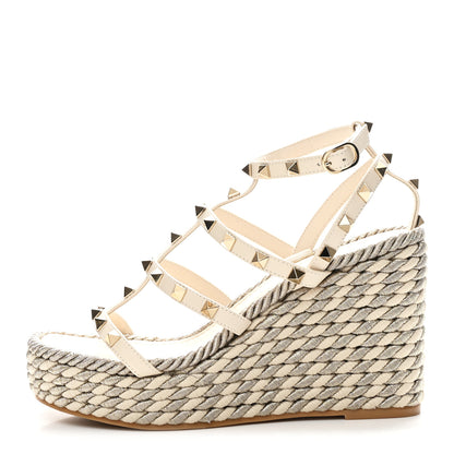 Valentino Garavani Calfskin Rockstud Ankle Strap Torchon Espadrille Caged 25/95mm Wedge Sandals 37 White 1 of 18