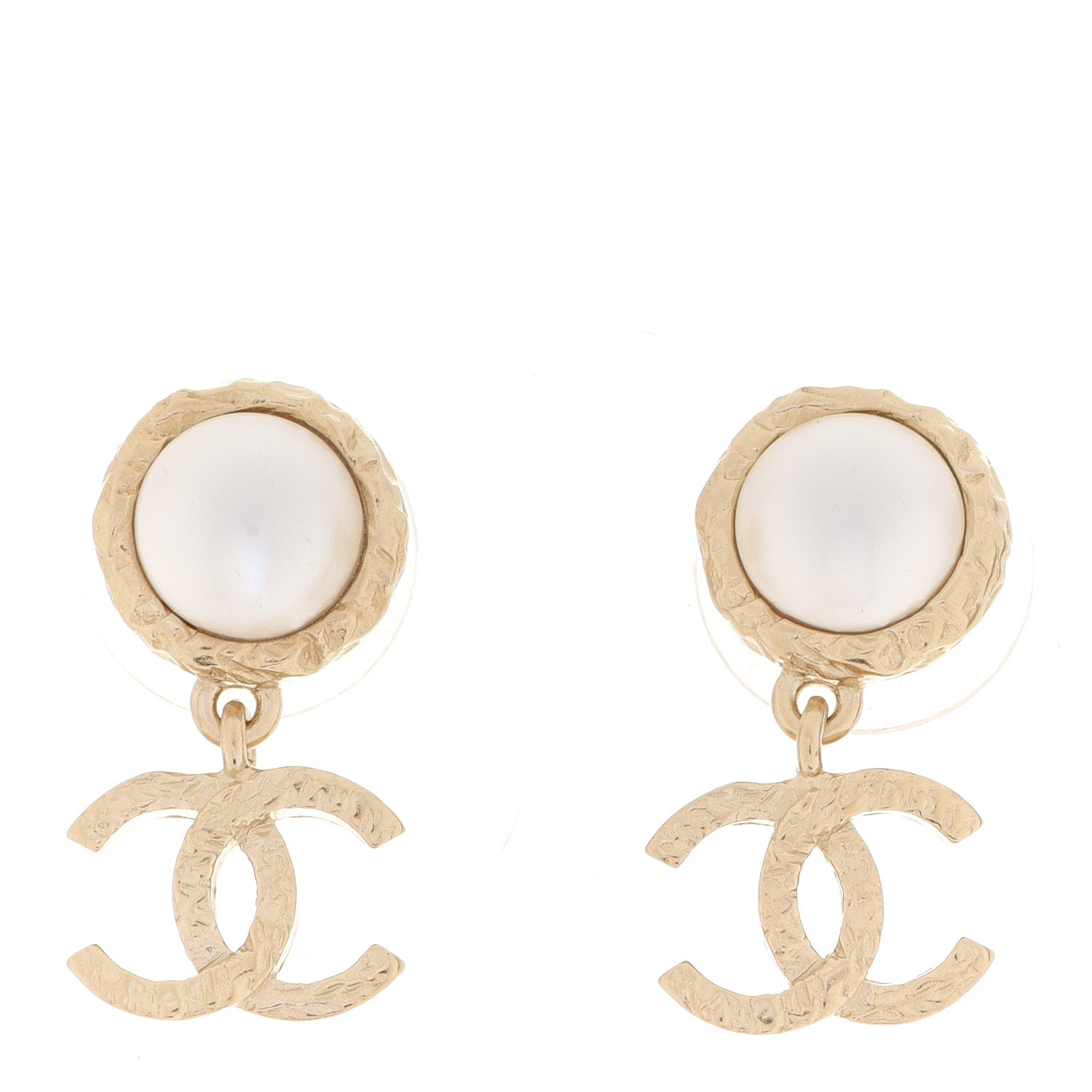 Chanel Pearl Hammered CC Drop Earrings Gold Pearly White 1 of 5
