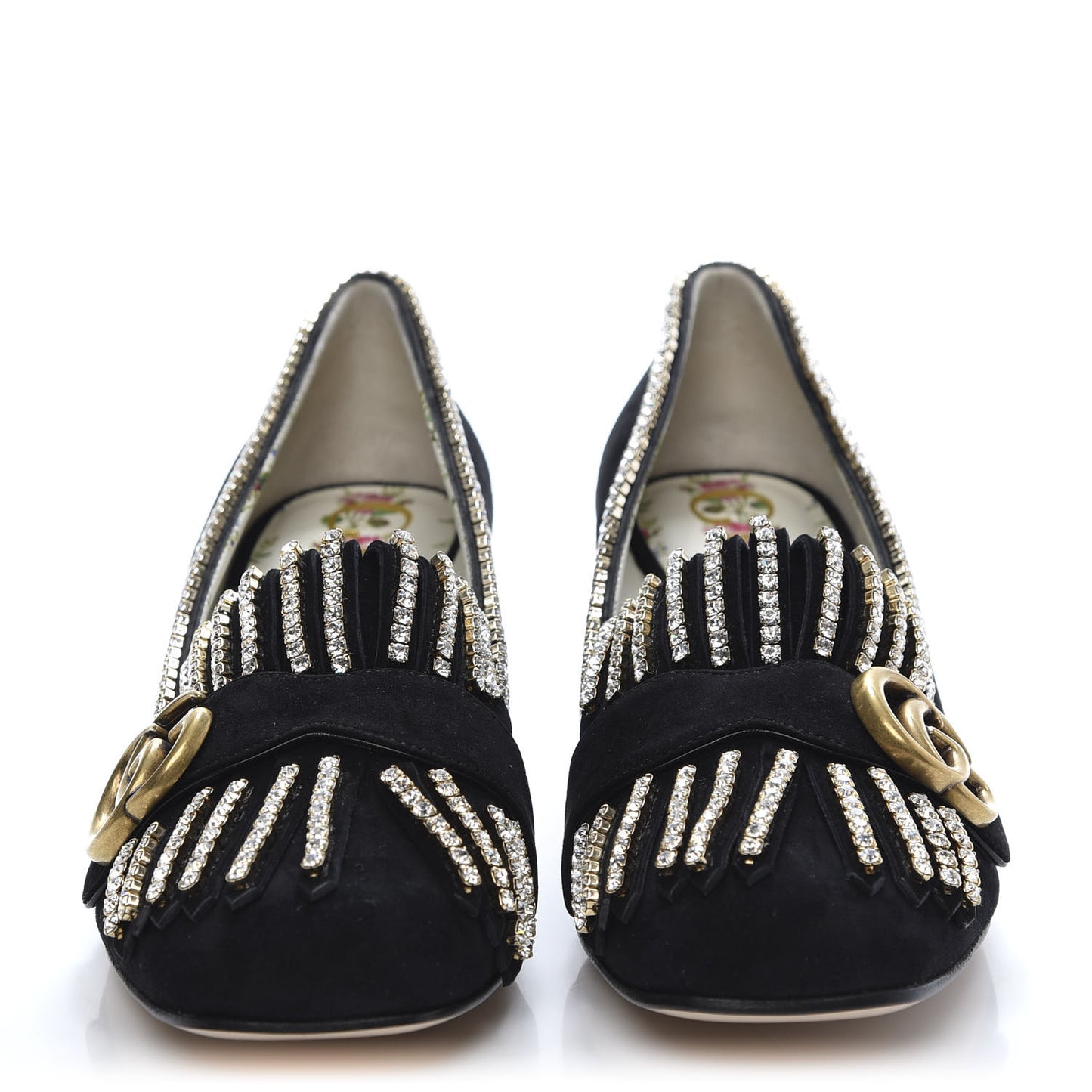 Kid Scamosciato Crystal GG Marmont Fringe 50mm Loafer Pumps 38 Black