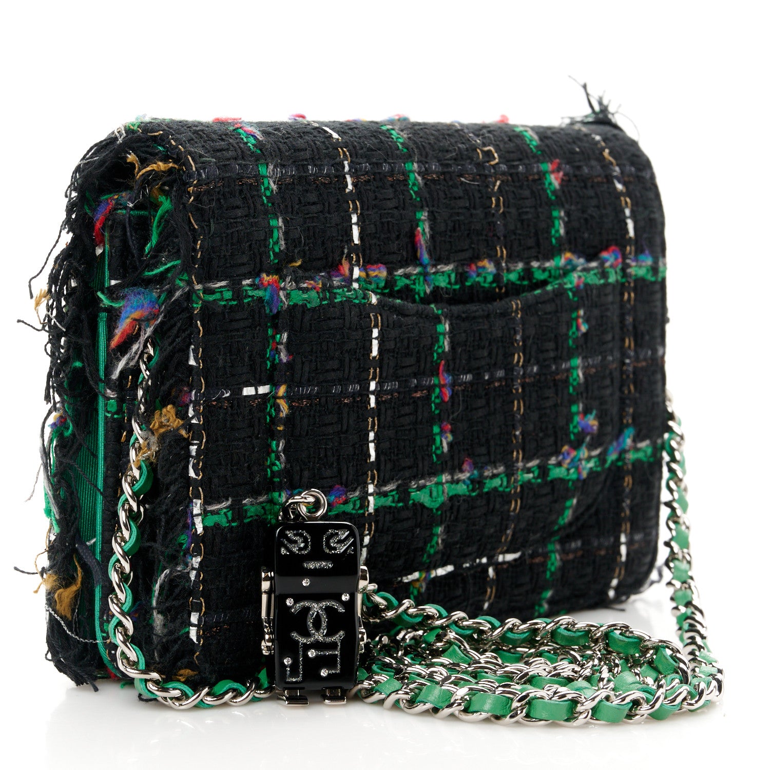 Chanel Tweed Fringe Wallet On Chain WOC Black Green 3 of 12