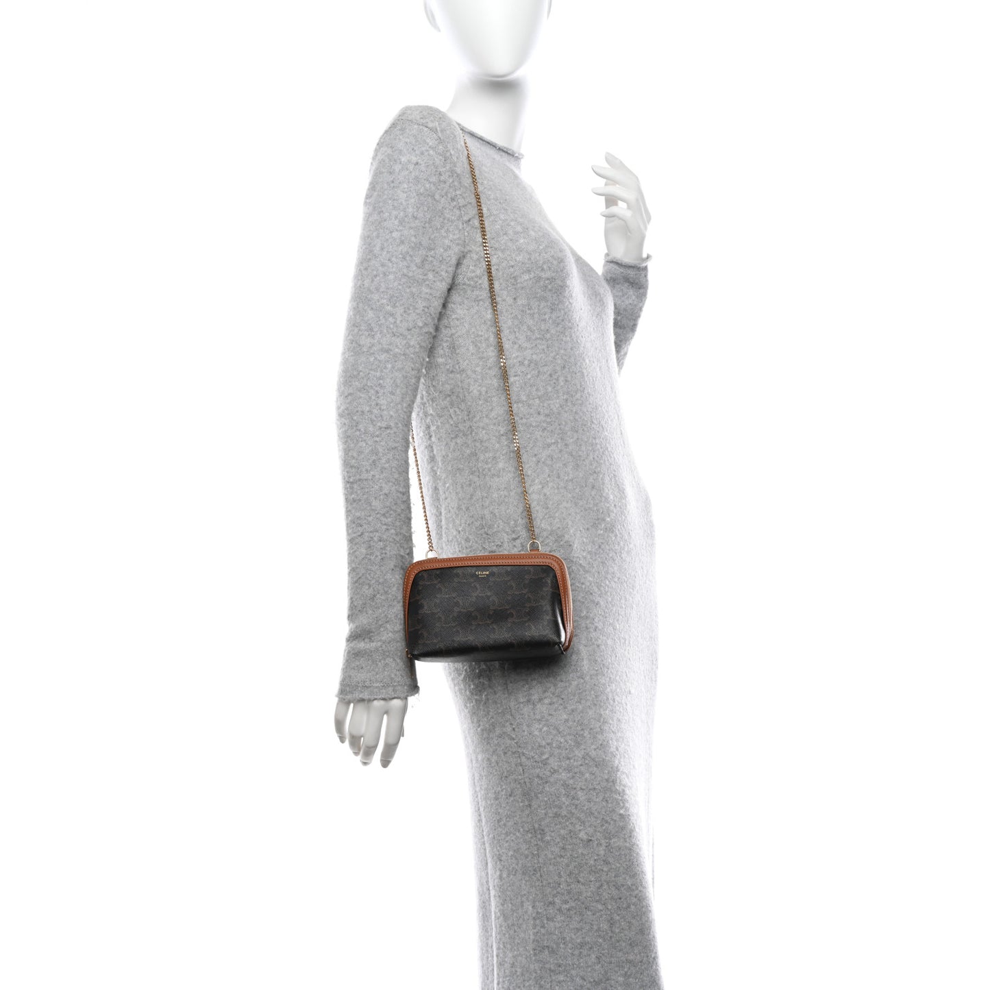 Triomphe Canvas Lambskin Clutch On Chain Tan