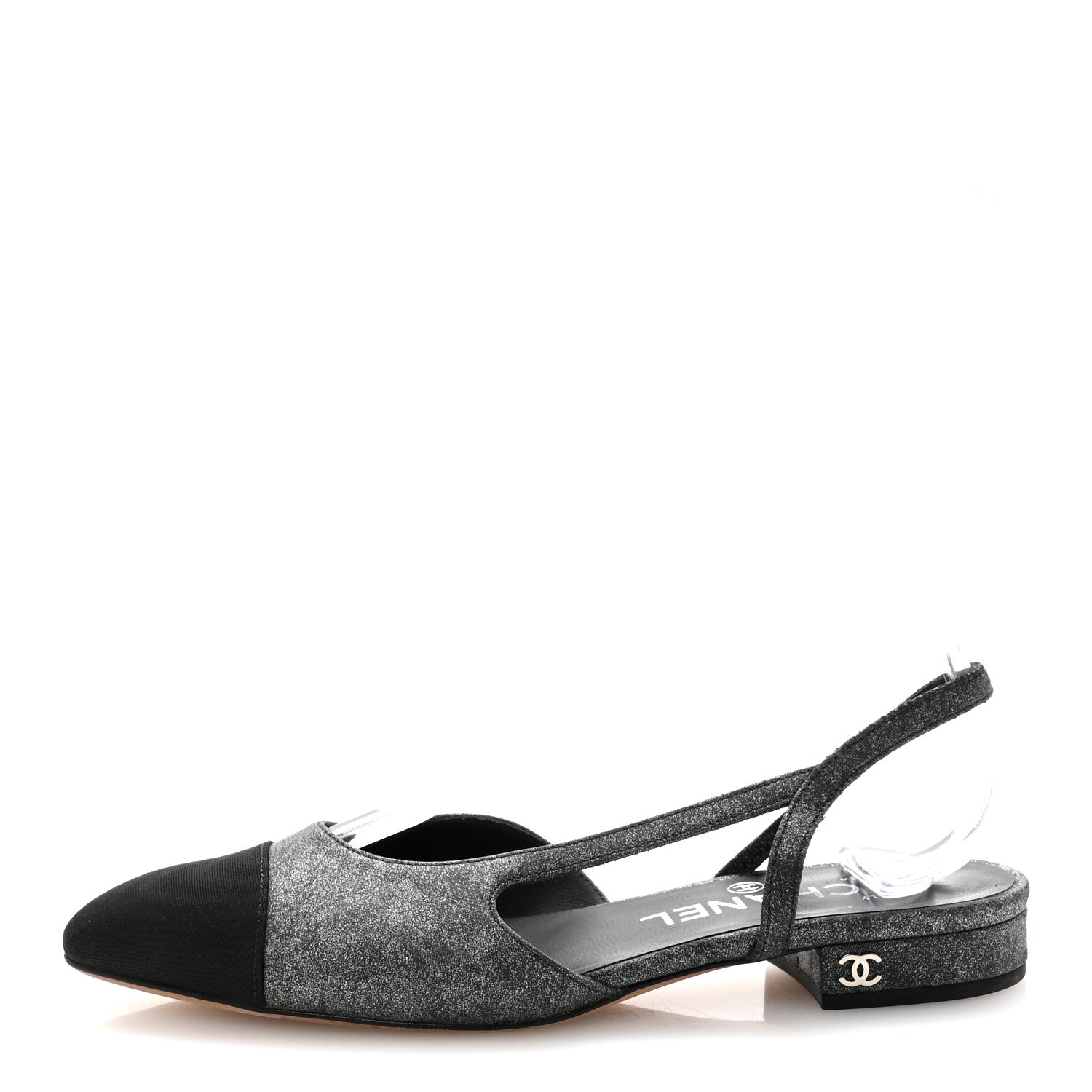 Chanel Lambskin Grosgrain Cap Toe CC Slingback Flats 35.5 Silver Black 1 of 10