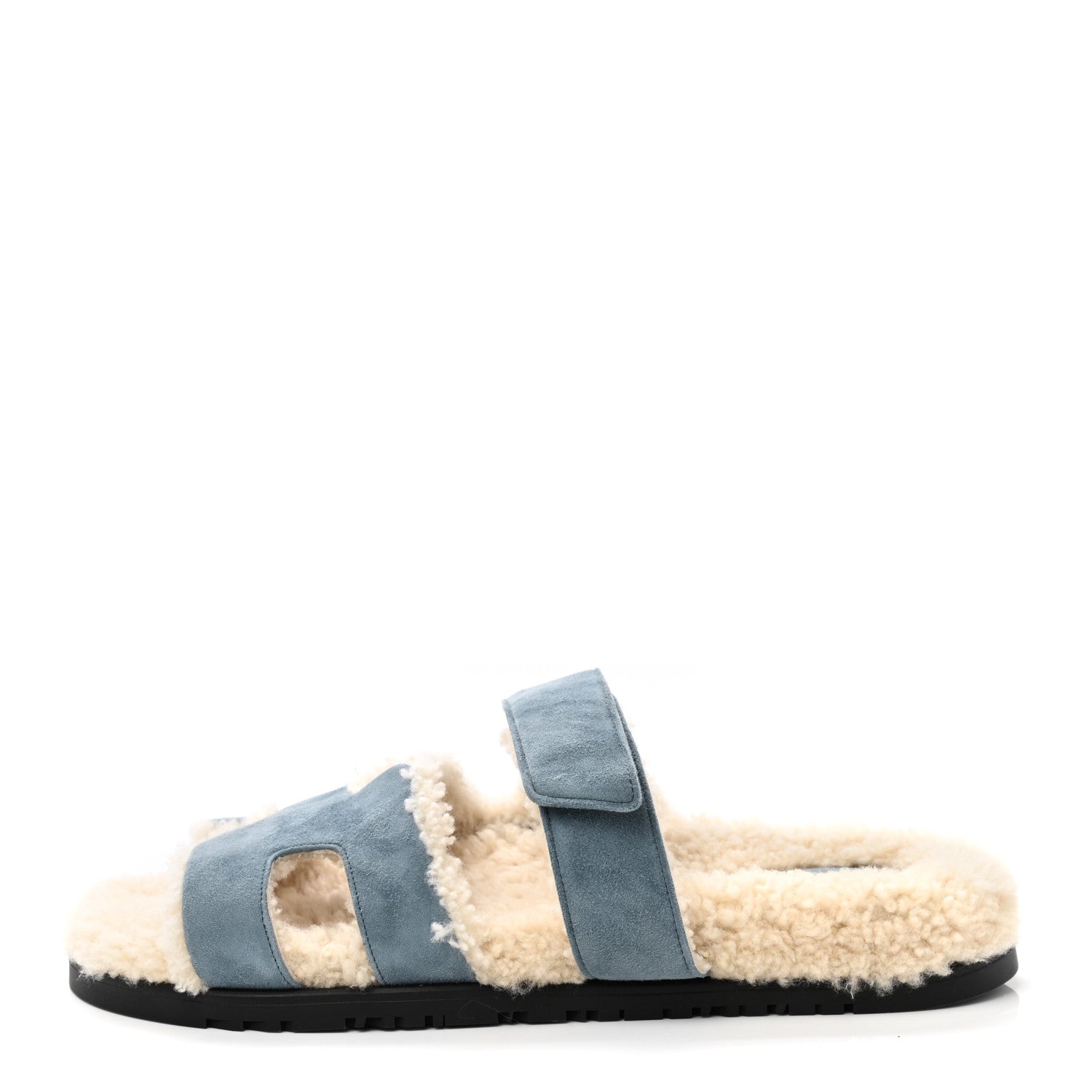 Hermes Suede Goatskin Woolskin Womens Chypre Sandals 39 Bleu Pinede Ecru 1 of 10