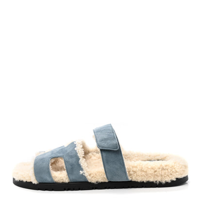 Hermes Suede Goatskin Woolskin Womens Chypre Sandals 39 Bleu Pinede Ecru 1 of 10