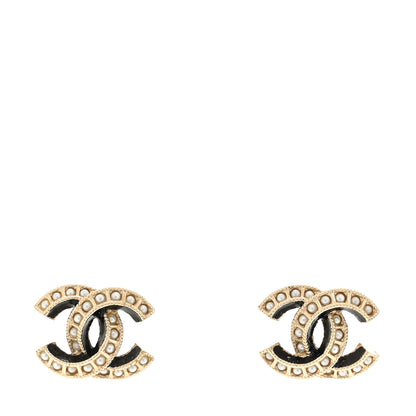Chanel Metal Pearl Enamel CC Earrings Gold Black 1 of 4