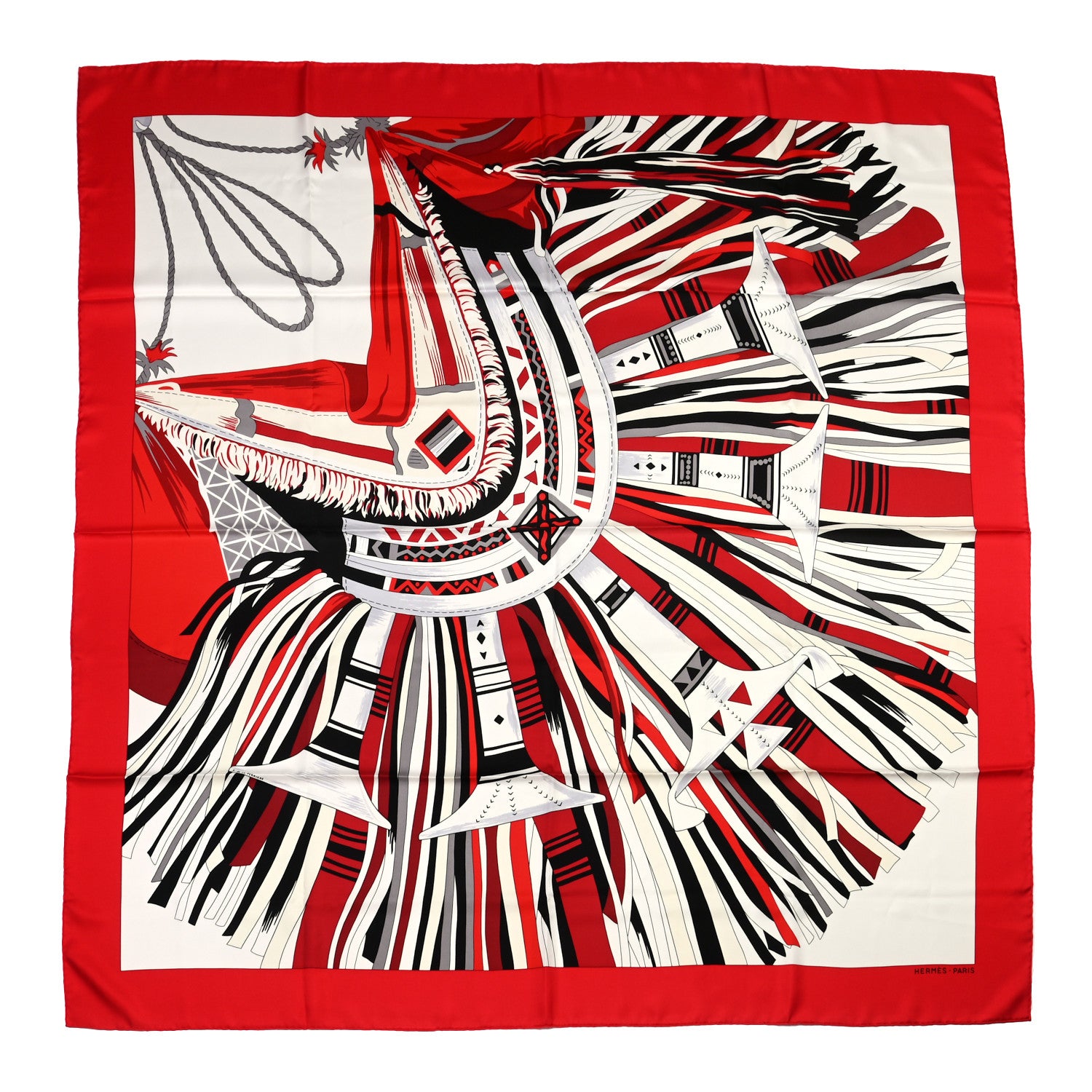Hermes Silk Cuirs Du Desert II Shawl 140 Rouge White Black 1 of 11