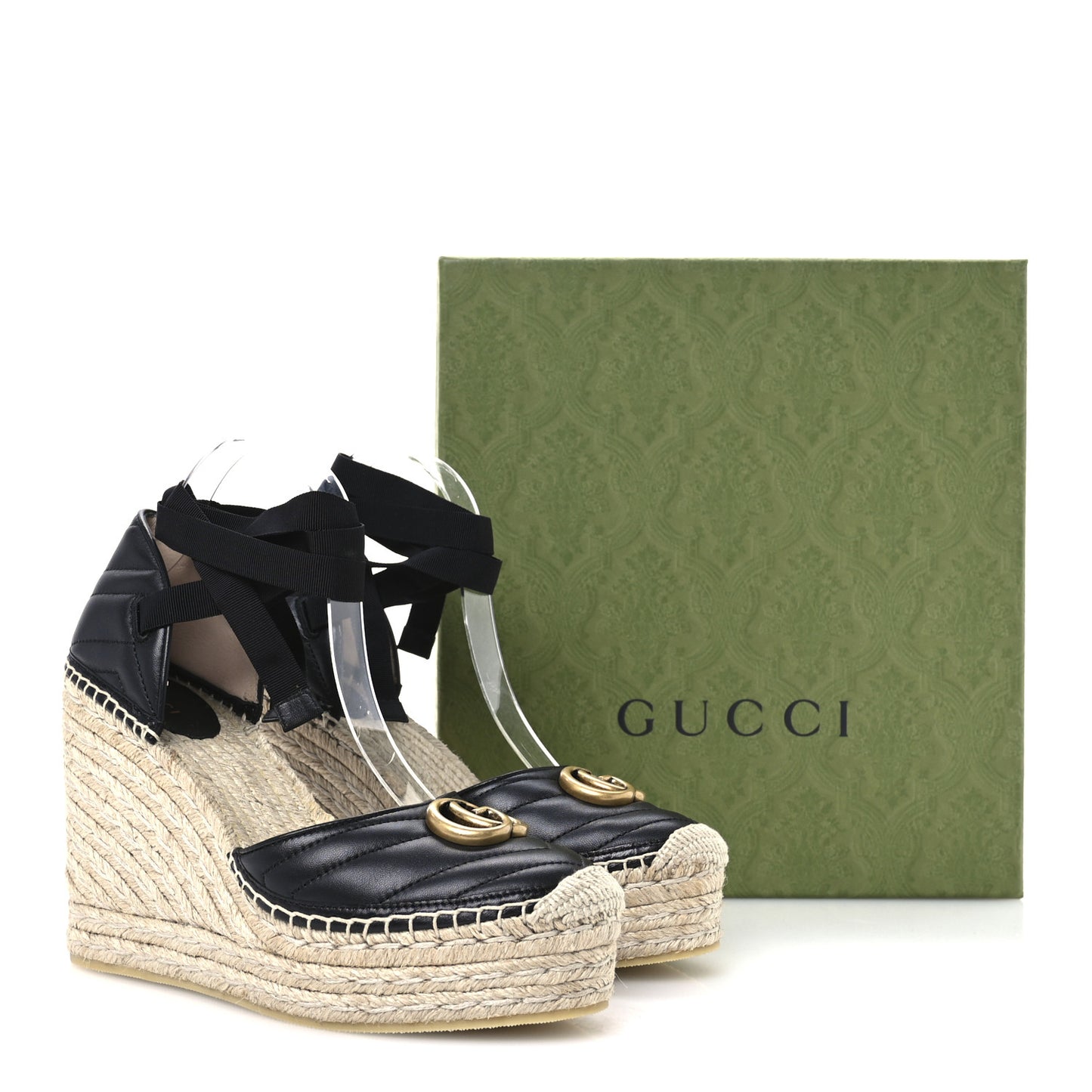 Nappa Matelasse GG Marmont Ankle Wrap Platform 35/120mm Espadrille Wedges 40.5 Black