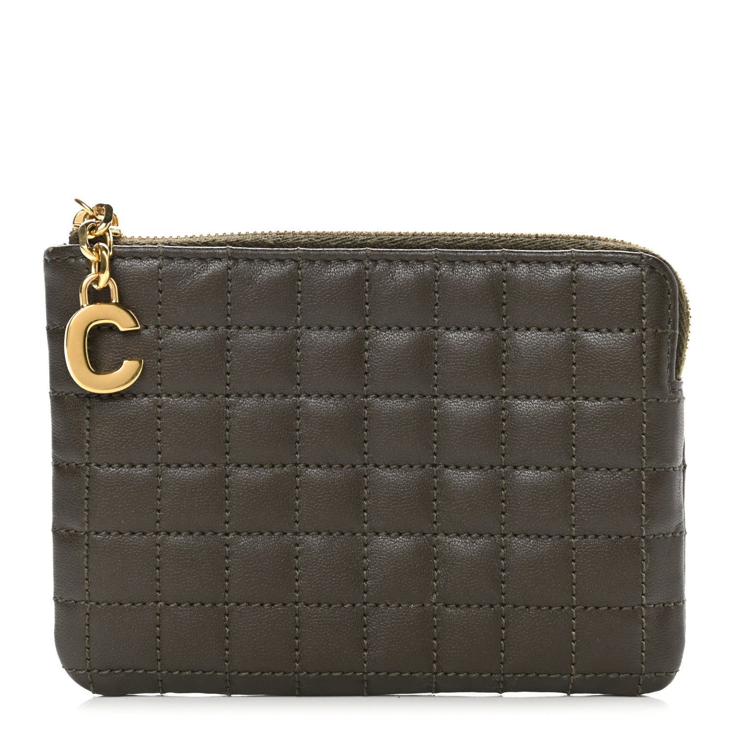 Celine Calfskin Quilted C Charm Coin Card Pouch Khaki 1 of 7