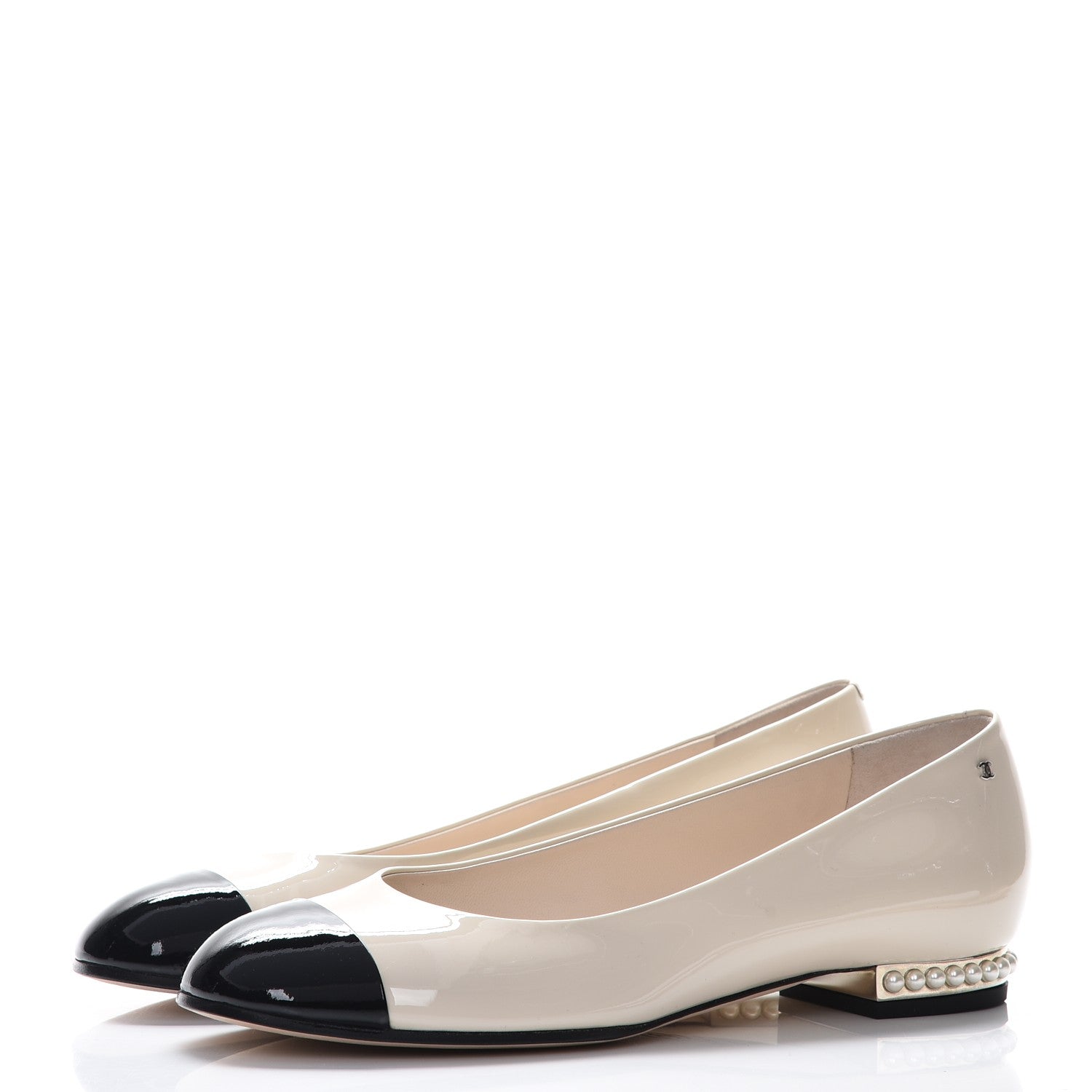 Chanel Patent Calfskin Pearl Cap Toe Flats 39.5 Light Beige Black 13 of 20