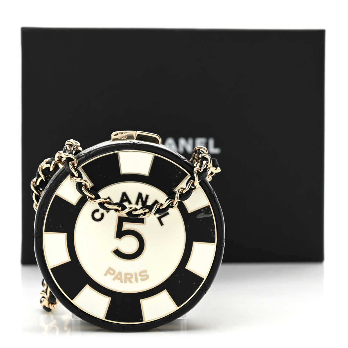 Chanel Lambskin Enamel Quilted Round Poker Chip Clutch With Chain Black White 11 of 11