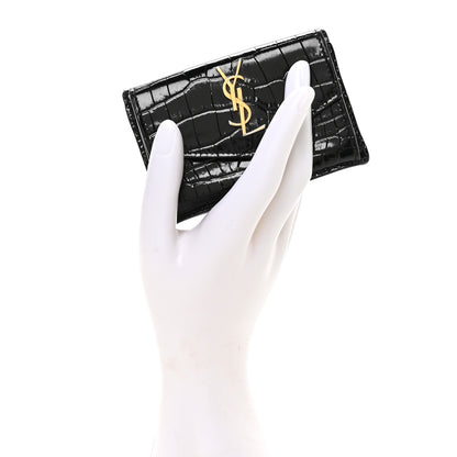 Saint Laurent Calfskin Crocodile Embossed Uptown Monogram Card Case Black 2 of 7
