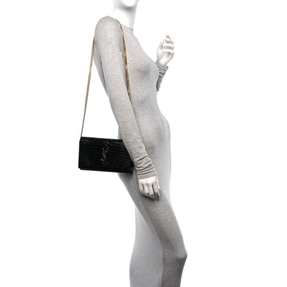 Saint Laurent Calfskin Crocodile Embossed Cassandre Wallet On Chain WOC Black 2 of 9
