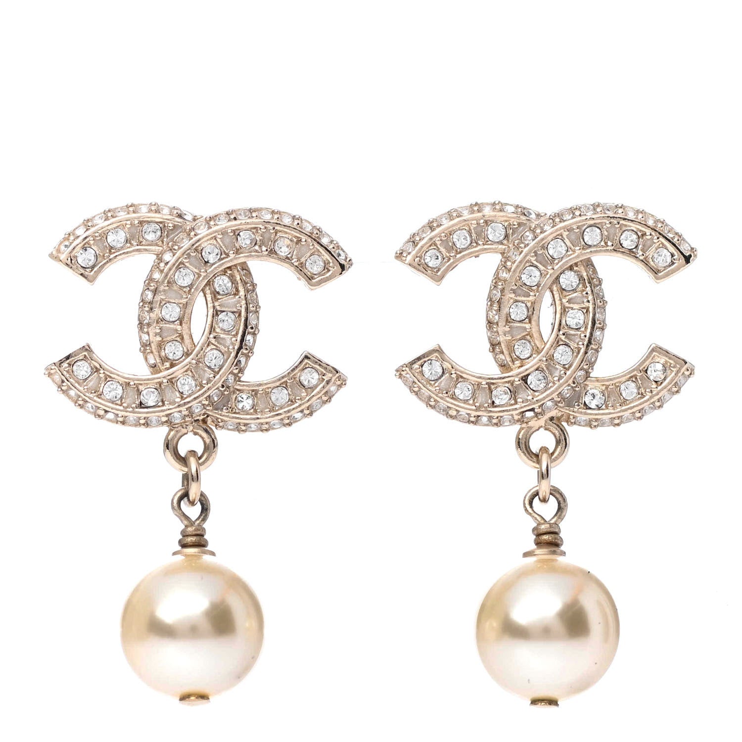 Chanel Crystal Pearl CC Drop Earrings Gold 1 of 4