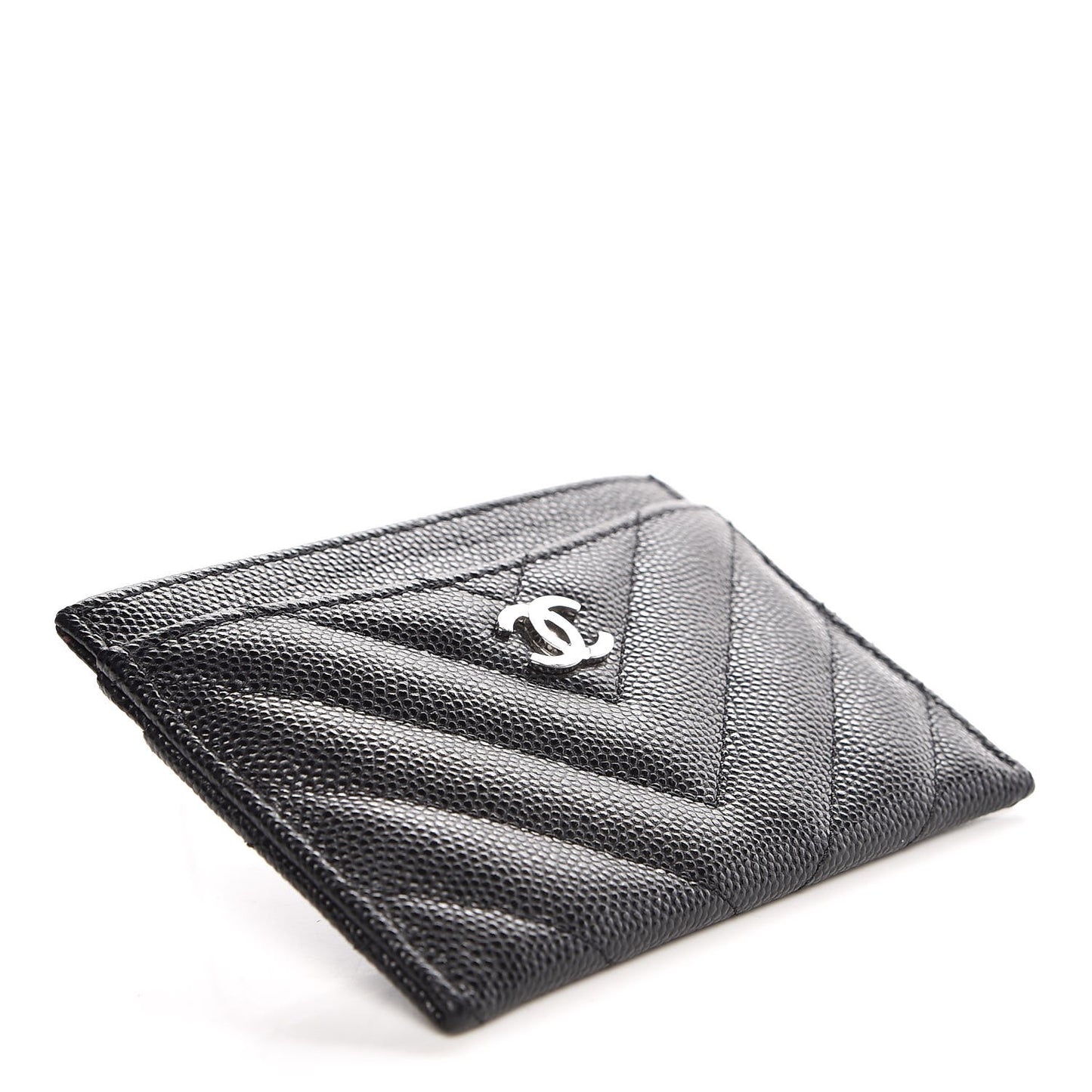 Iridescent Caviar Chevron Quilted Card Holder Black