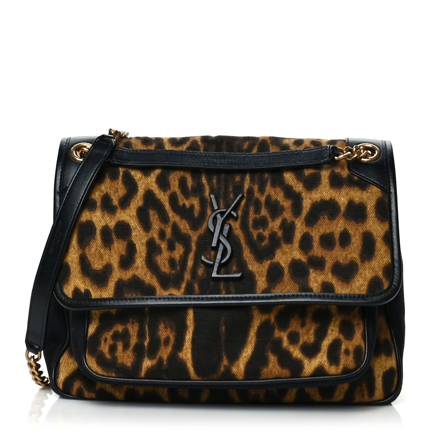 Smooth Calfskin Canvas Leopard Print Medium Niki Chain Satchel Light Natural