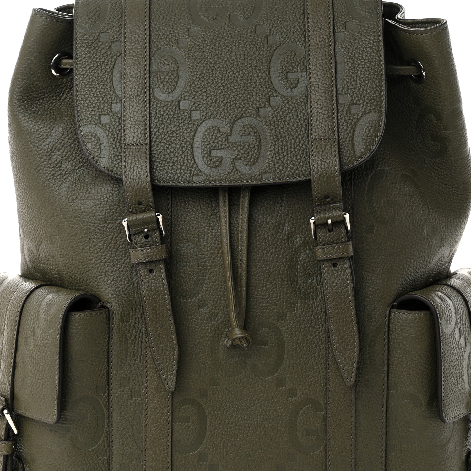 Gucci Piuma Calfskin Jumbo GG Embossed Double Buckle Backpack Dark Vintage Olive 7 of 9
