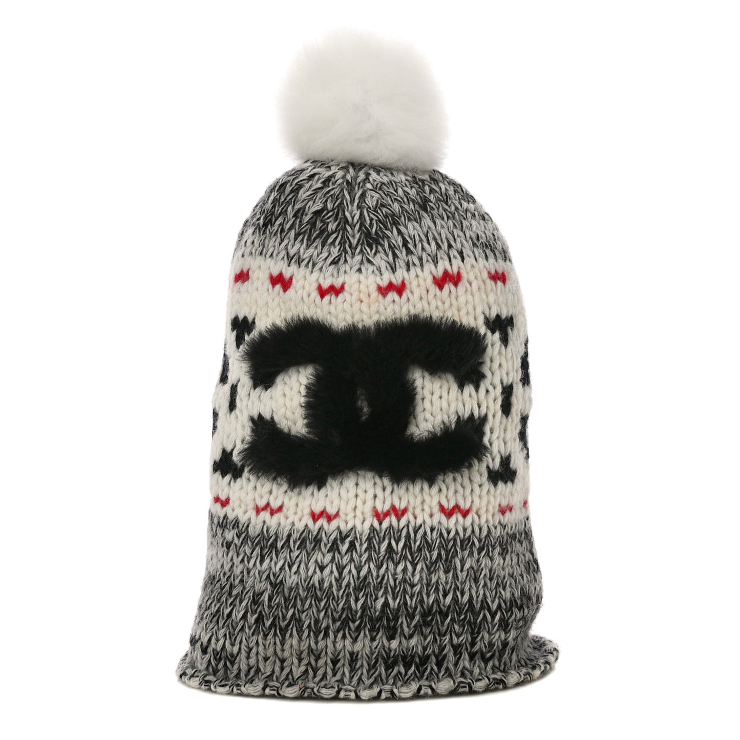 Wool Shearling CC Beanie Hat Ivory Black Red