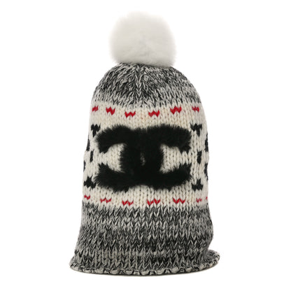 Chanel Wool Shearling CC Beanie Hat Ivory Black Red 1 of 8