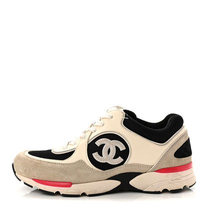 Chanel Mesh Suede Calfskin Grained Calfskin Womens CC Sneakers 38.5 White Black Pink 1 of 11
