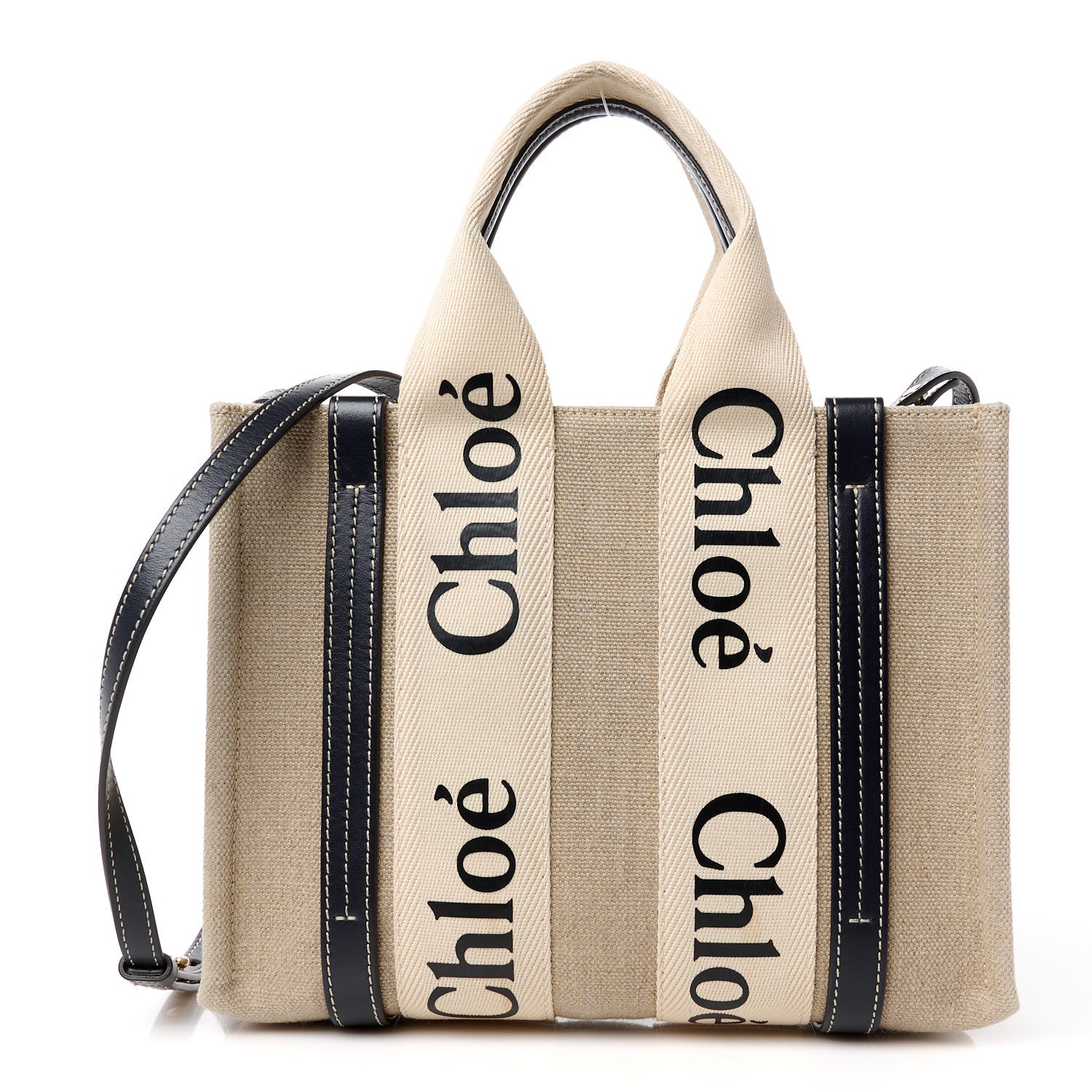 Chloe Linen Calfskin Small Woody Ribbon Tote With Strap White Navy 1 of 11