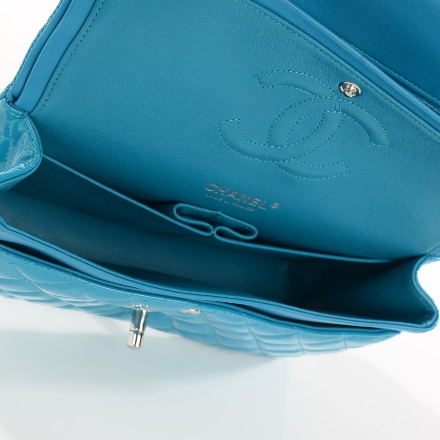 Patent Calfskin Quilted Medium Double Flap Turquoise