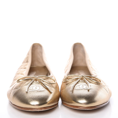 Chanel Metallic Lambskin Quilted CC Cap Toe Ballet Flats 40 Gold 2 of 14