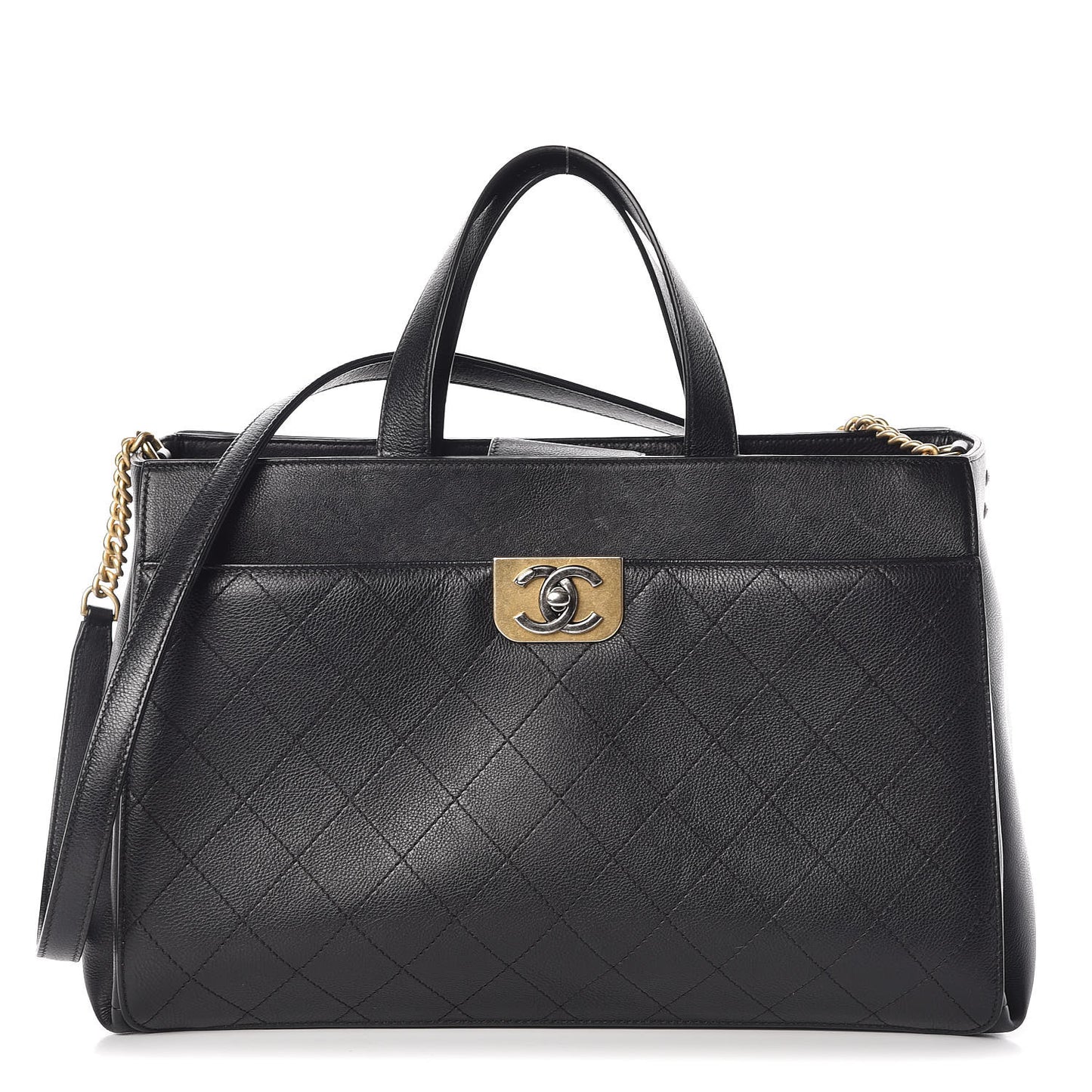 Calfskin Stitched Large Straight Lines Shopping Tote Black