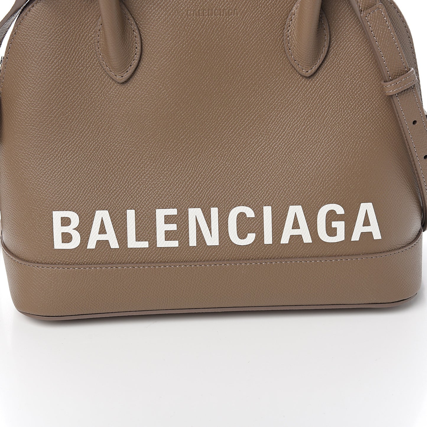 Signature Grained Calfskin Logo S Ville Top Handle Bag Mink Grey White
