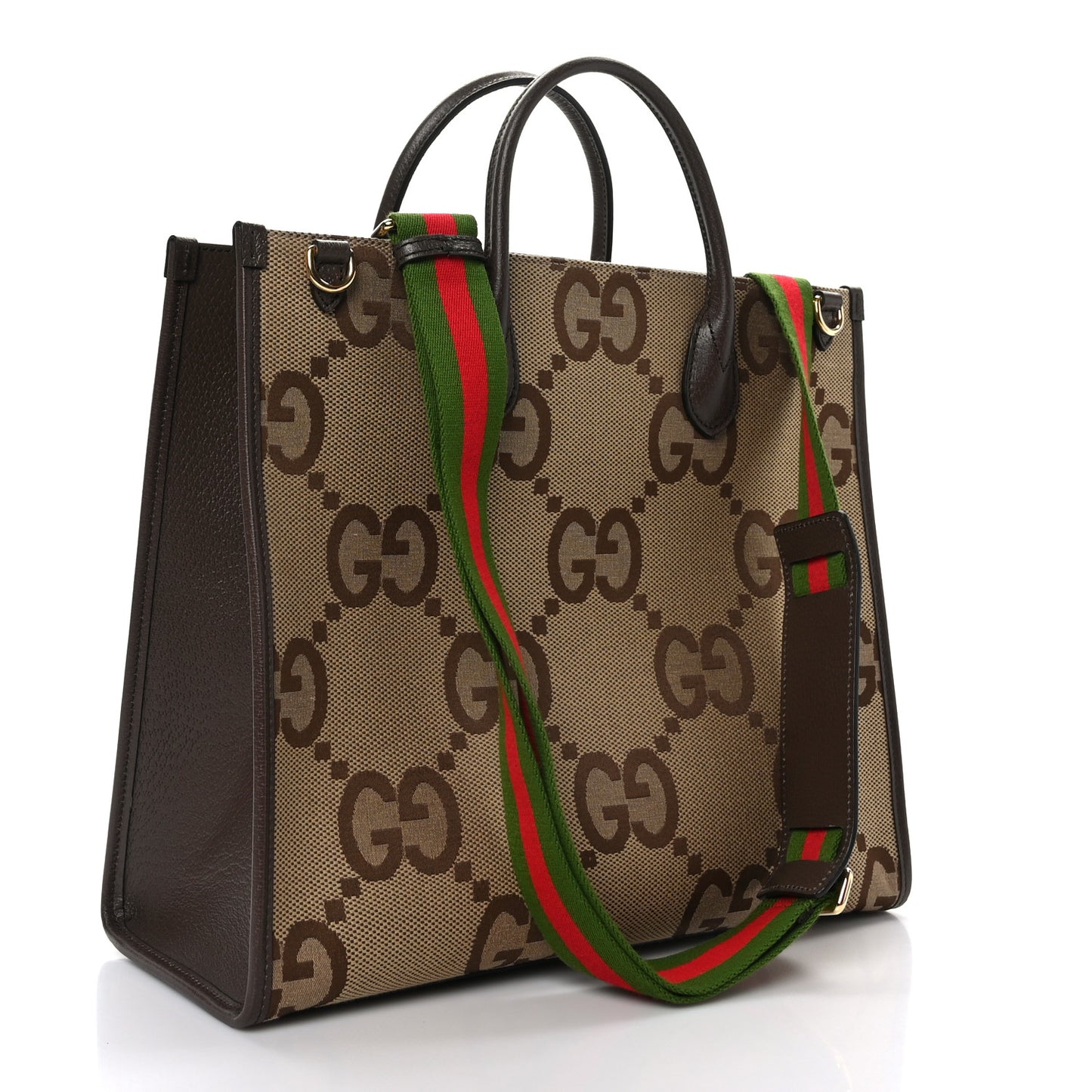 Monogram Jumbo GG Textured Dollar Calfskin Web Tote Bag Camel Ebony New Acero