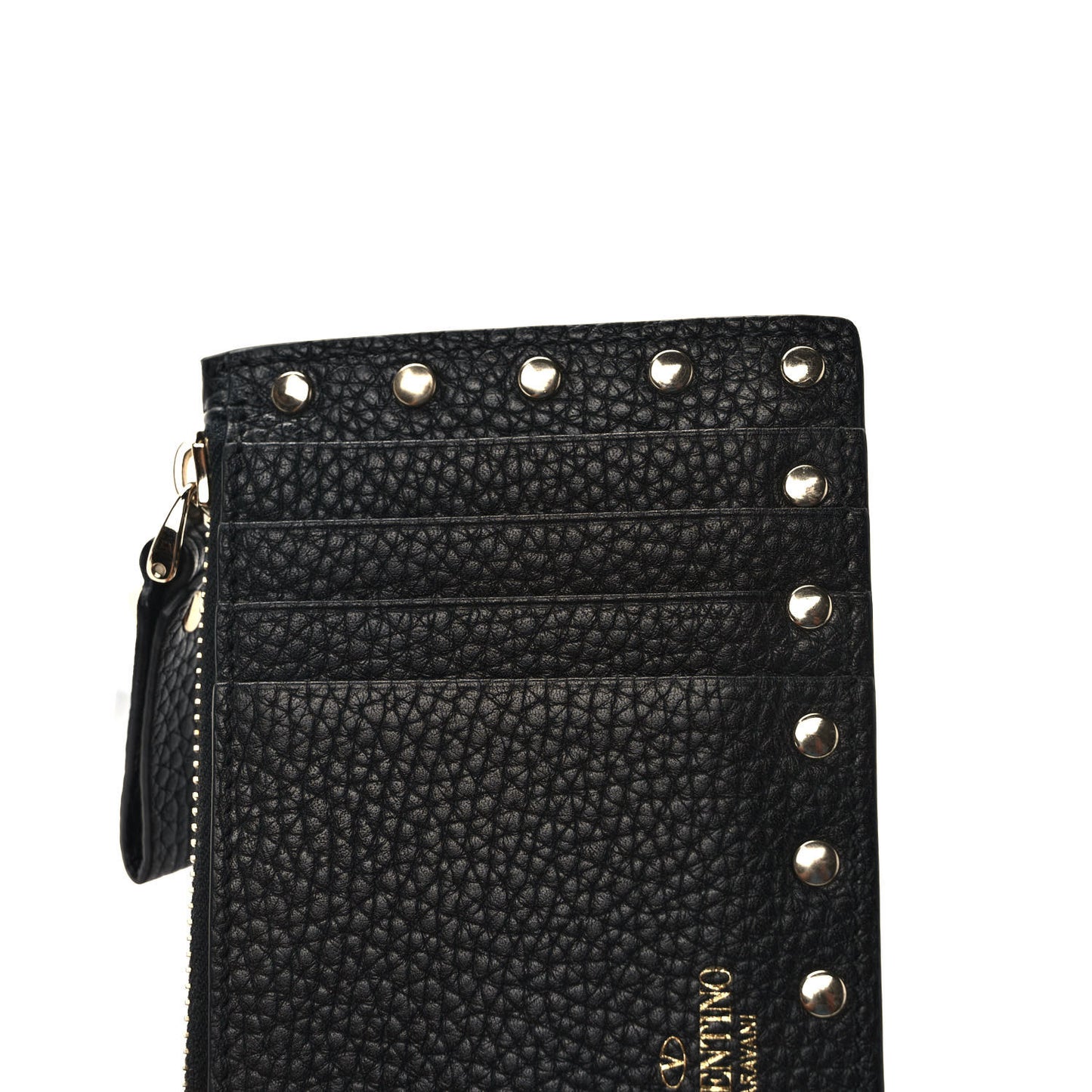 Pebbled Calfskin Rockstud Coin Case Card Holder Black