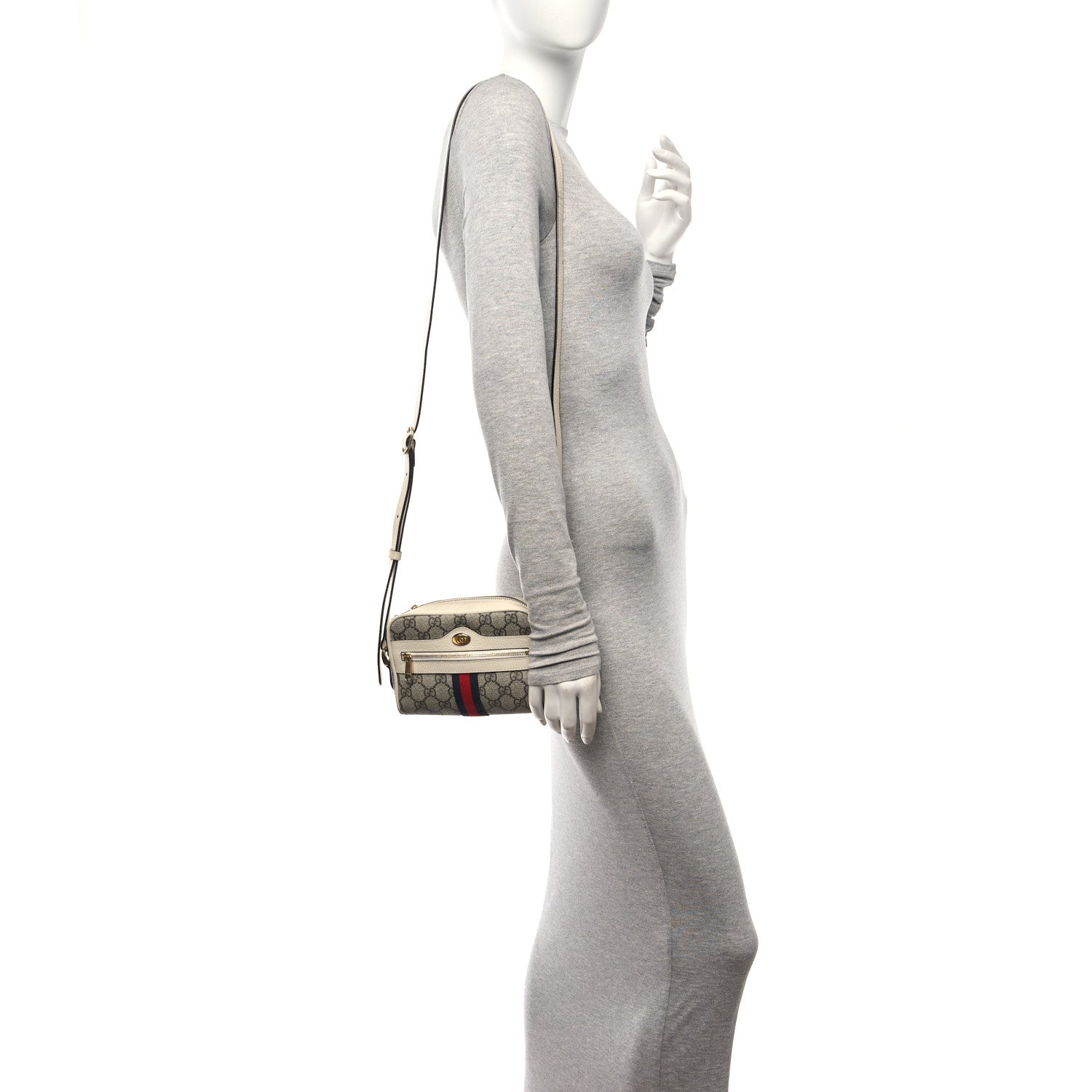 Gucci GG Supreme Monogram Textured Calfskin Web Mini Ophidia Shoulder Bag Beige Ebony Mystic White 2 of 13