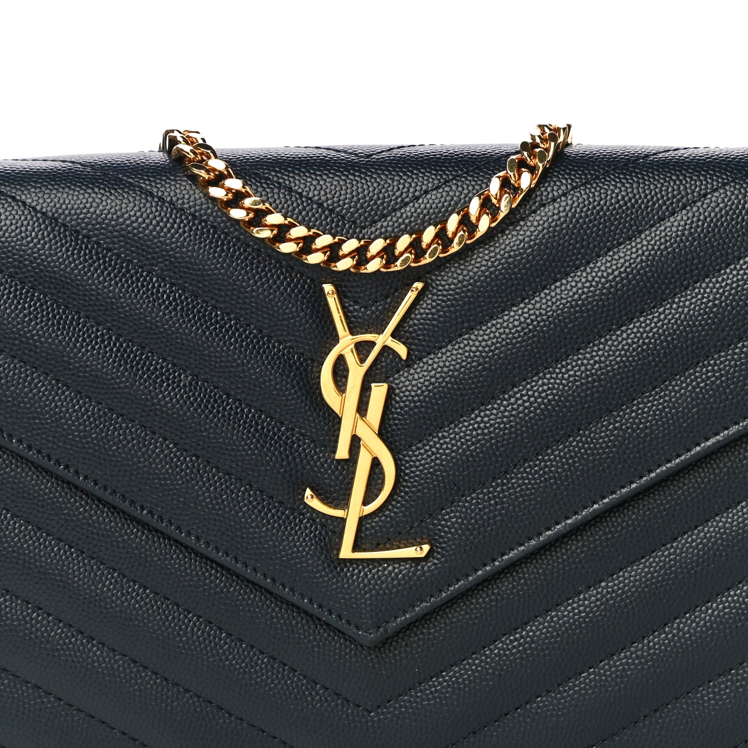 Saint Laurent Grain De Poudre Matelasse Chevron Monogram Chain Wallet Deep Marine 7 of 9