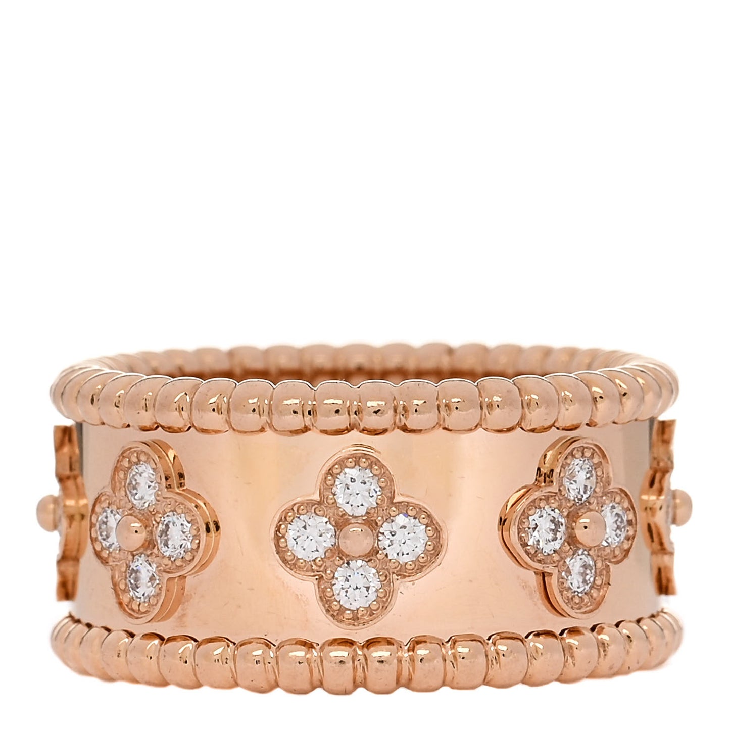 18K Rose Gold Diamond Medium Perlee Clovers Ring 56 7.75