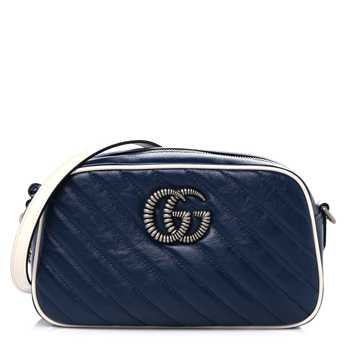 Vintage Effect Calfskin Matelasse Diagonal Small Torchon GG Marmont Chain Shoulder Bag Blue Agata Mystic White