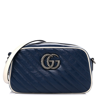 Gucci Vintage Effect Calfskin Matelasse Diagonal Small Torchon GG Marmont Chain Shoulder Bag Blue Agata Mystic White 1 of 12