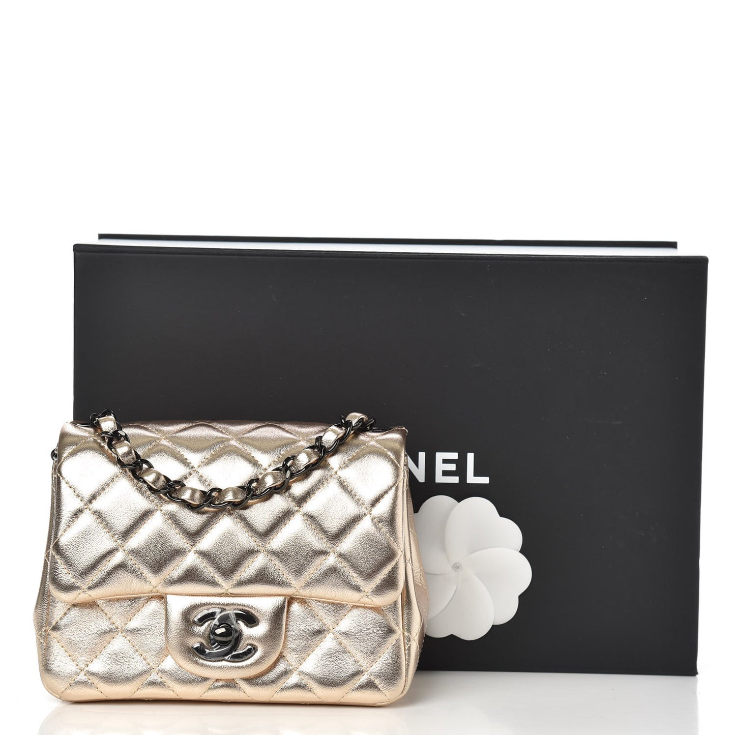 Metallic Lambskin Quilted Mini Square Flap Gold Black