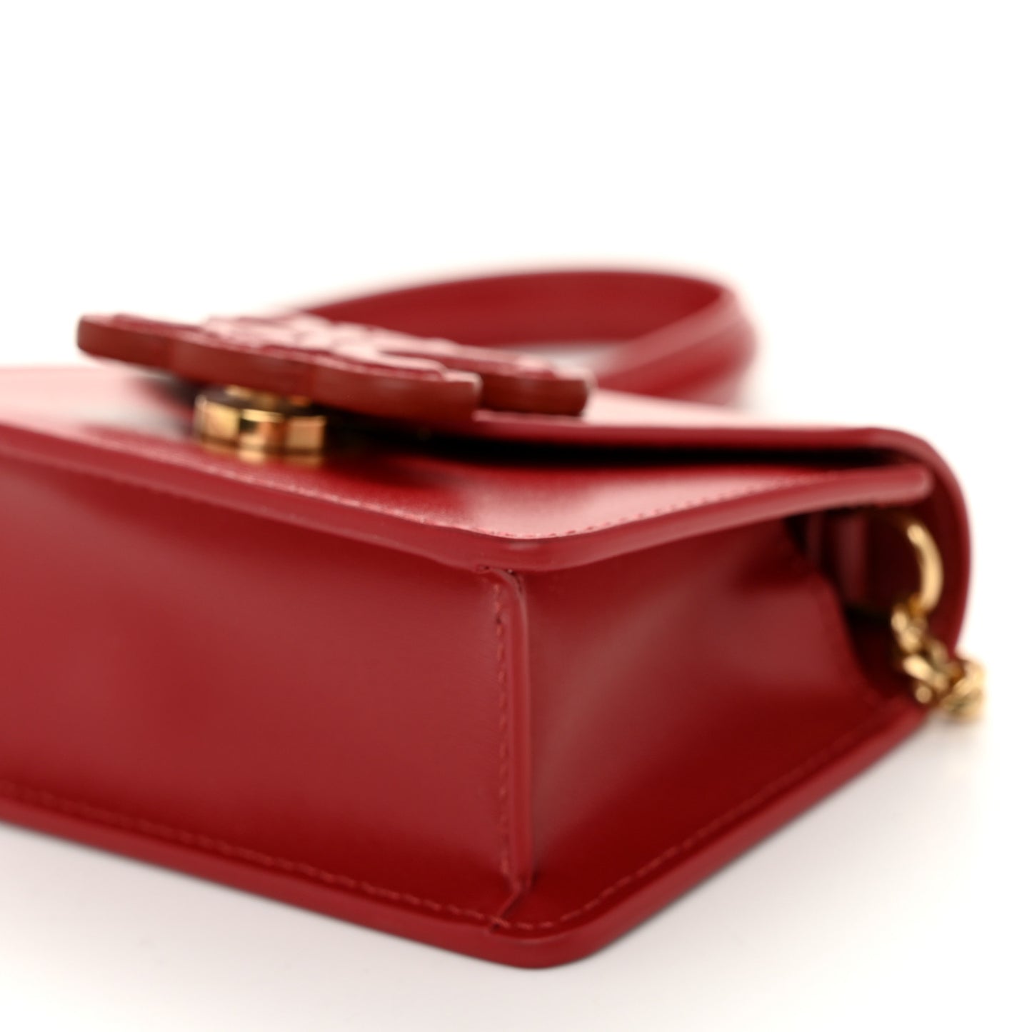Shiny Calfskin Triomphe Card Holder on Chain Velvet Red
