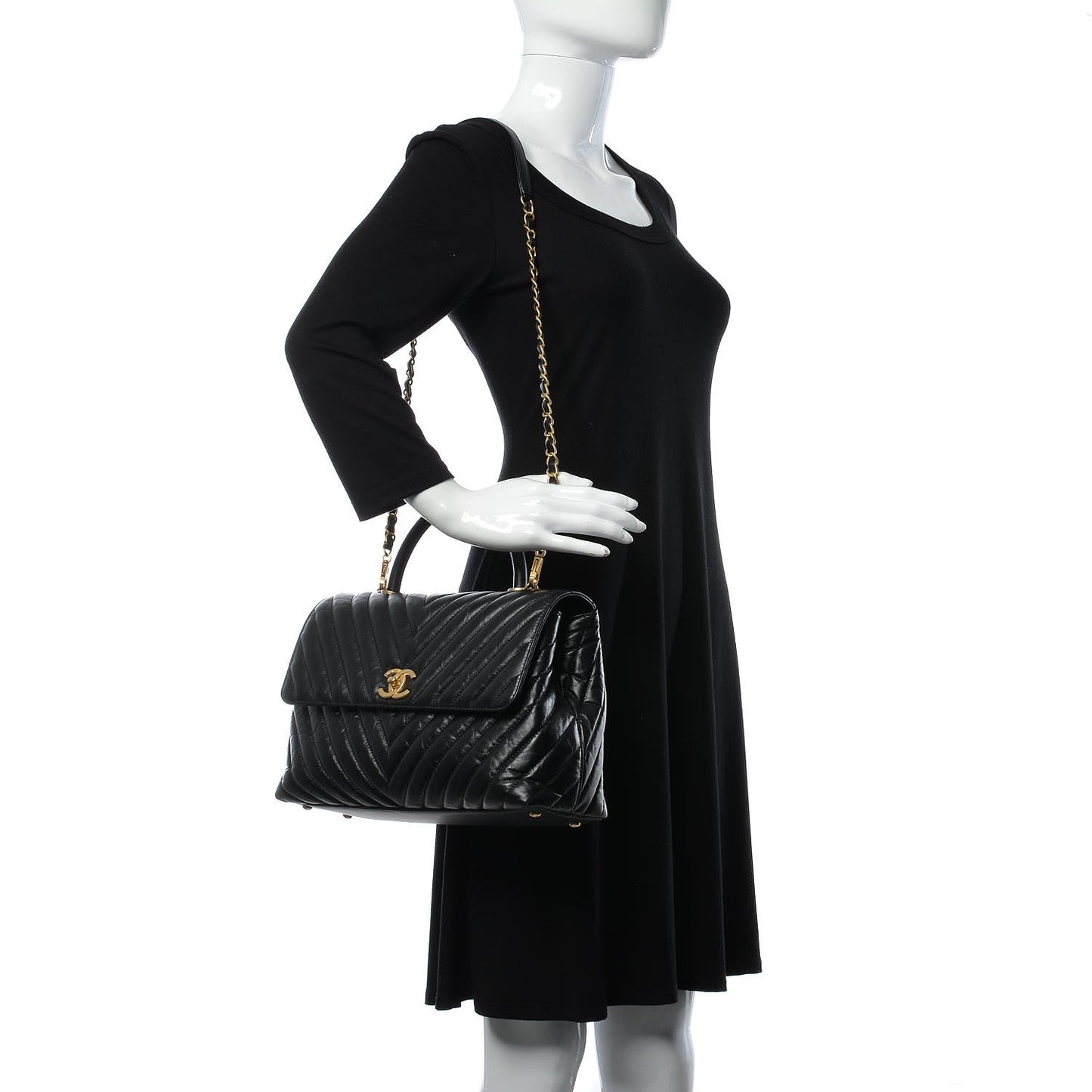 Calfskin Chevron Quilted Large Coco Handle Flap Light Black