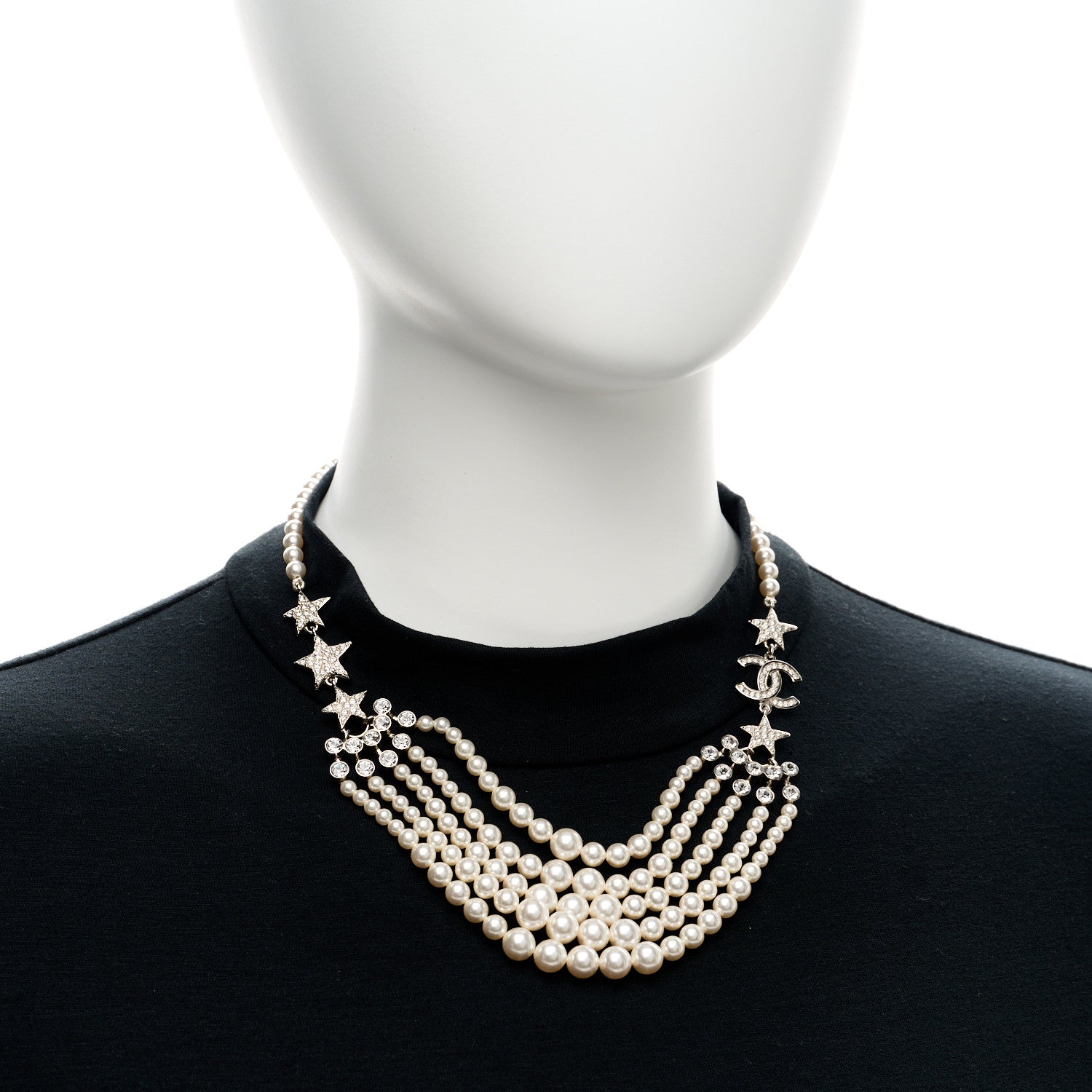チェル様 Chanel Pearl Crystal Star CC Multi Strand Necklace Pearly