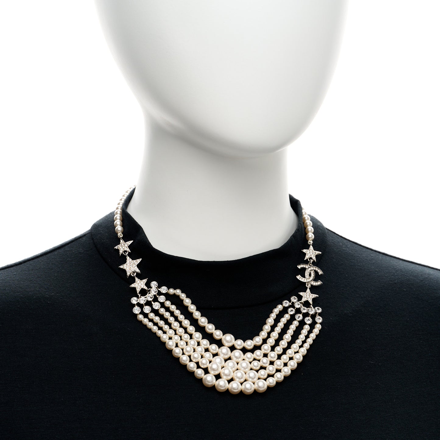 Pearl Crystal Star CC Multi Strand Necklace Pearly White Silver
