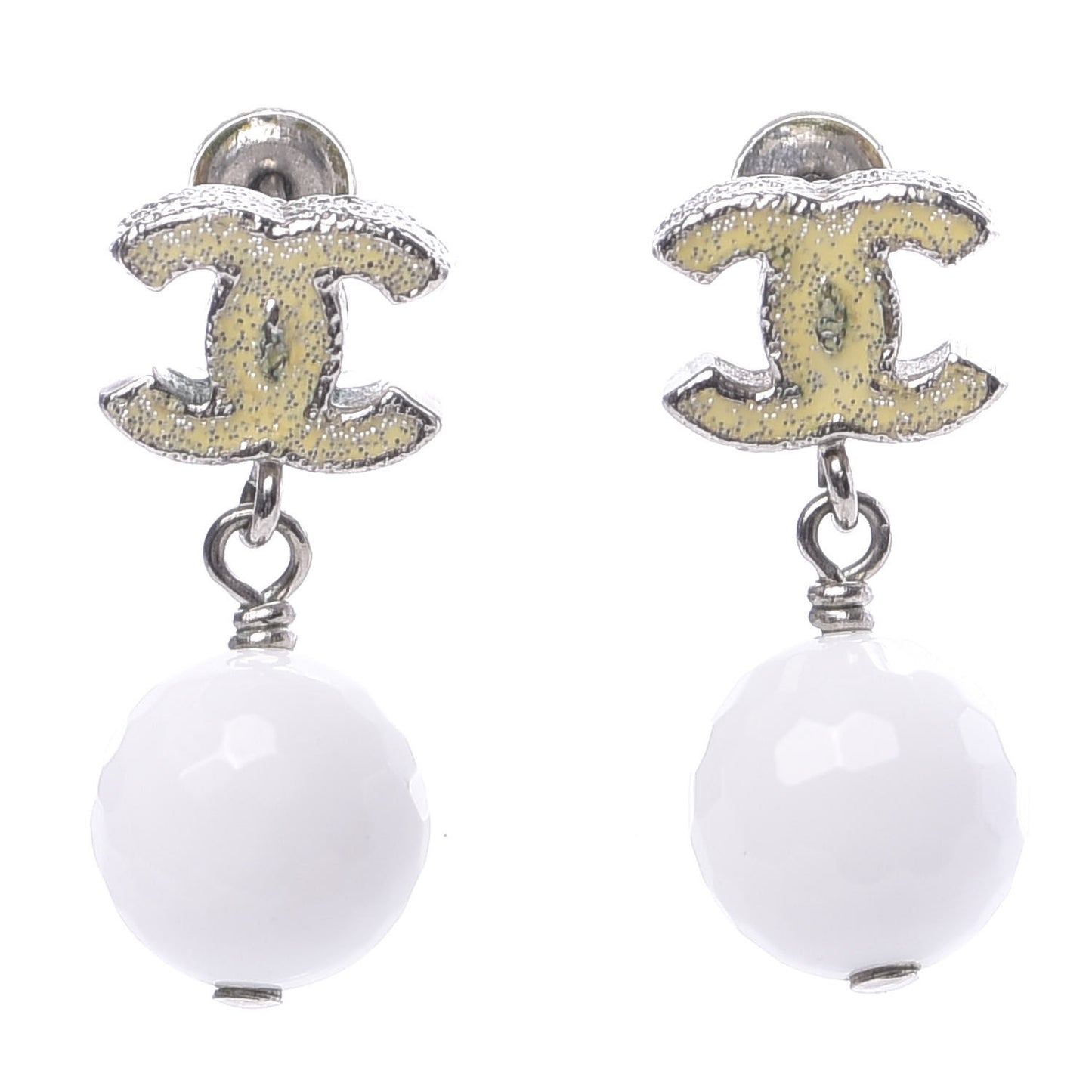 Pearl Glitter Enamel CC Drop Earrings Silver White