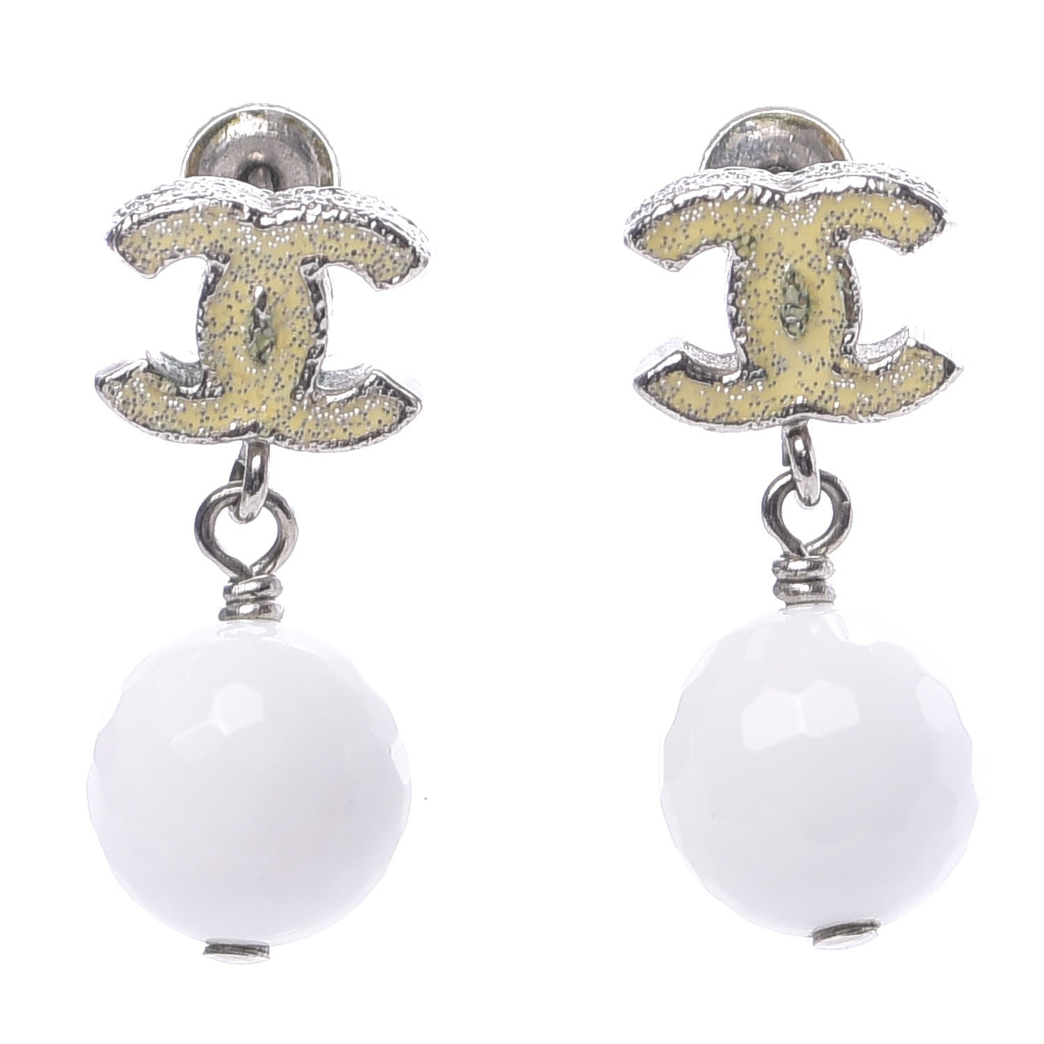 Chanel Pearl Glitter Enamel CC Drop Earrings Silver White 1 of 4
